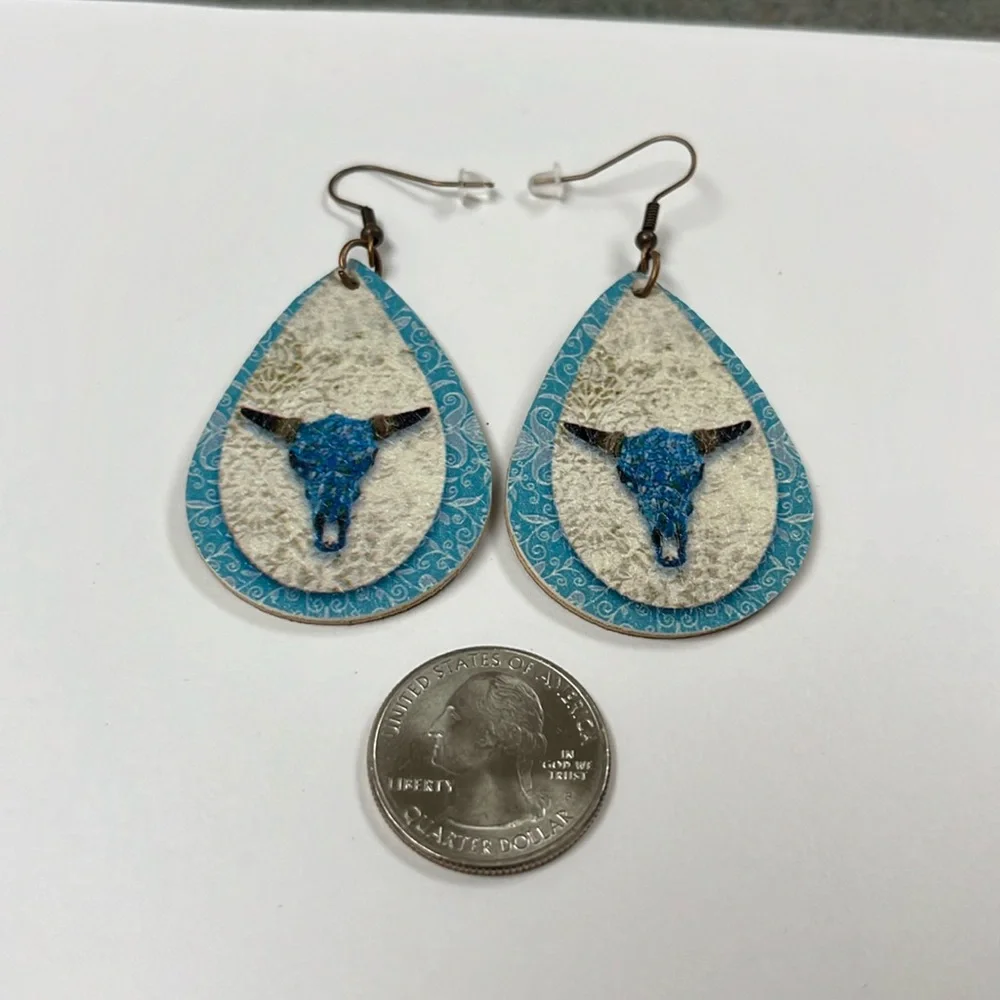 Earrings dangle statement vegan‎ leather teardrop western mom cattle skull